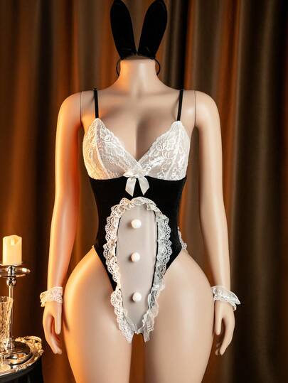 3件套性感兔女郎内衣套装：连体衣+头带+腕带，女士私密角色扮演服装