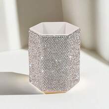 Handmade Rhinestone Ceramic Makeup Brush Holder, Creative Rhinestone Pen Cup Desk Organizer, Luxury Customized Rhinestone Makeup Brush Storage Bucket, Exquisite Hair Styling Tool Organizer - White - View 6