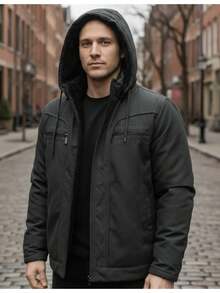Men's Winter Jacket/Coat In Twill Fabric With Warm Lining And Hood - Black - View 3