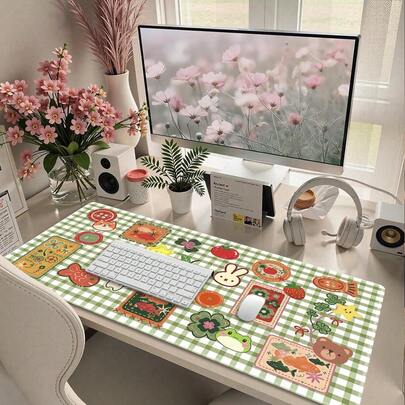 목가적인 녹색 격자무늬 데스크 매트, 귀여운 개구리 & 토끼 프린트 마우스 패드, 한국 문구 미학 방 장식, 초대형 미끄럼 방지 고무 바닥 컴퓨터 키보드 매트, 사랑스러운 데스크탑 장식