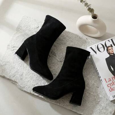 Botas Calcetín de Mujer de Gamuza con Punta Puntiaguda Botines de Tacón Grueso Bloque de Tejido Elástico Transpirables Zapatos de Moda con Suela de Goma Antideslizante Calzado de Estilo Elegante y Casual para Mujer Botas de Media Caña con Efecto Estilizador de Pierna Modernas Suaves y Cómodas