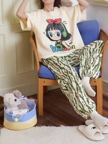 2pcs Women Cartoon Sleepwear Set, Moisture-Wicking Breathable Round Neck Short Sleeve Pants Pajamas - Apricot - View 6