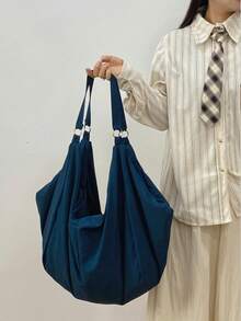 Túi đeo vai cỡ lớn họa tiết kẻ caro, chất liệu nylon màu trơn chống thấm nước, kiểu dáng tối giản dành cho nữ, khóa kéo, túi xách đa năng tiện dụng, phù hợp cho công việc, học tập và du lịch. - Màu xanh hải quân - Xem 8