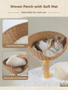 PAWZ Road 48.5'' Modern Cat Tree Solid Wood Cat Tower For Indoor Cats With Luxury Cat Condo, Cozy Hammock, Scratching Post, Rattan Perch And Flower Cat Bed For Large Cats Adult, White - 白色 - 查看 6