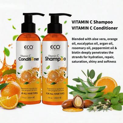 ECO FINEST Set de champú y acondicionador nutritivo y suavizante, infundido con vitamina C, aceite de naranja, aceite de romero, aceite de argán, aloe vera y biotina, 7 onzas líquidas por botella, para nutrir, hidratar profundamente, reparar y agregar brillo al cabello
