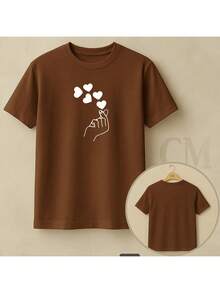 Women's Plus Size T-Shirt, 100% Cotton, Printed Finger Heart Design, Korean Drama/Kpop Style, Basic Premium Style, Round Neck, Short Sleeve, Casual Streetwear/Gym, Comfortable, Sizes G1 To G5 - 鏽棕色 - 查看 3