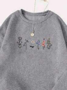 Moletom Feminina Gola Careca Estampa Florzinhas Jardim 159 Blusa de Frio Delicada Fofa Inverno Agasalho - Cinza - Visão 3
