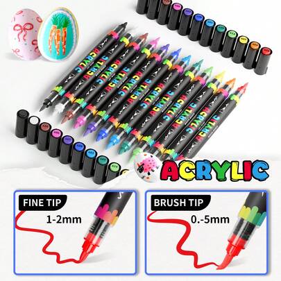 返校季特惠套装，12/24色可选，软头+细头双头毛笔设计，0.5-5mm软头适合绘画、书法和大面积涂色，1-2mm细头适合勾勒细节，同样适用于绘画、书法和大面积涂色。水性丙烯颜料，防水速干，可在纸张、石头、木材、织物等多种材质上创作，带来更多创意可能，手工涂鸦速干，是理想的艺术绘画画笔。