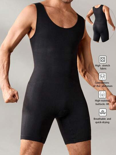 Men's Butt Lifting Slimming Bodysuit With Wide Strap, Waist Cinching, Abdomen Flattening, Thin Fitness Shapewear Shorts