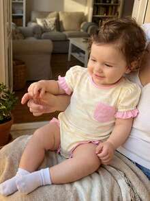 Mono de Bebé Niña a Rayas con Volantes, Manga Corta, Cuello Redondo, Ropa Casual de Verano y Primavera - Amarillo - Ver 3