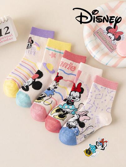 Disney 5 Pairs Patterned Colorful Mid-Calf Socks For Kids, Cute Cartoon Designs, Fashionable Casual Breathable Student Socks, Suitable For Daily Wear, Back To School, Holiday Gifts