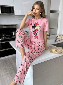 Disney 2 piezas Conjunto de pijama para el Día de San Valentín para mujer, top de manga corta y pantalón largo, conjunto de ropa de estar cómoda y suave, perfecto para relajarse en casa - Rosa Pálido - Ver 4