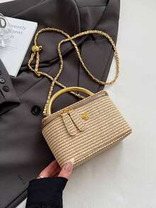 1pc New Minimalist Casual Versatile Woven Straw Lunch Box Bag, Chain Strap Shoulder Crossbody Bag, Holiday Best Seller Small Shoulder Crossbody Bag , Beach - 卡其色 - 查看 3
