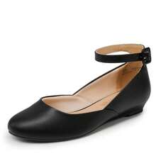 女士芭蕾舞平底鞋，低坡跟圆头踝带舒适休闲平底鞋 - 黑色 - 查看 11