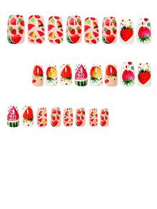 24片中号方形压花美甲贴纸，水果草莓西瓜菠萝全覆盖假指甲，适合女性和女孩，办公及日常佩戴，包含1张指甲胶纸和1个迷你指甲锉，随机果冻胶配送 - 彩色 - 查看 2