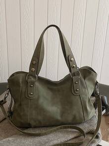 Retro Minimalist Large Capacity Fashion Student/Work Commute Tote Bag - Green - View 10