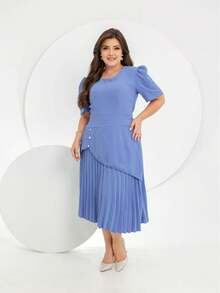 elegante  Casual    Botão  Plissado  Enrugado    Férias  Praia - Azul Empoeirado - Visão 2