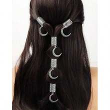 5pcs Star & Moon Hair Rings, Punk Style Headpiece Accessories, Eid Mubarak Decoration, Cute Fashion Wear, Y2K Jewelry - Silver - View 1