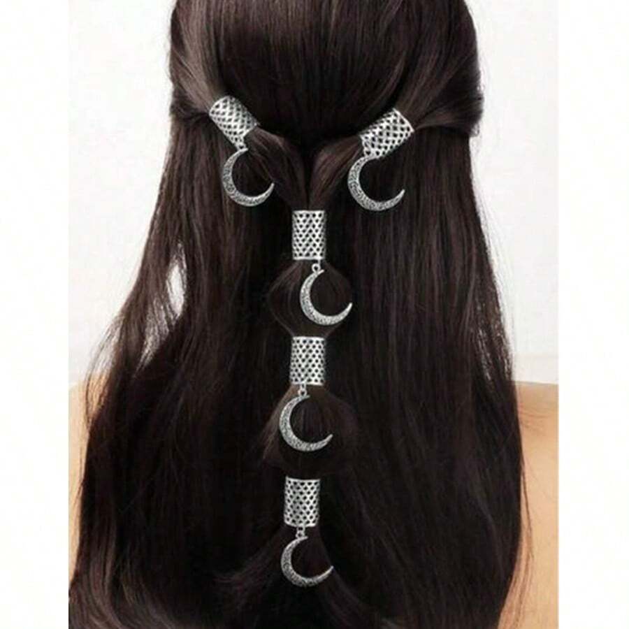 5pcs Star & Moon Hair Rings, Punk Style Headpiece Accessories, Eid Mubarak Decoration, Cute Fashion Wear, Y2K Jewelry - Silver - View 1