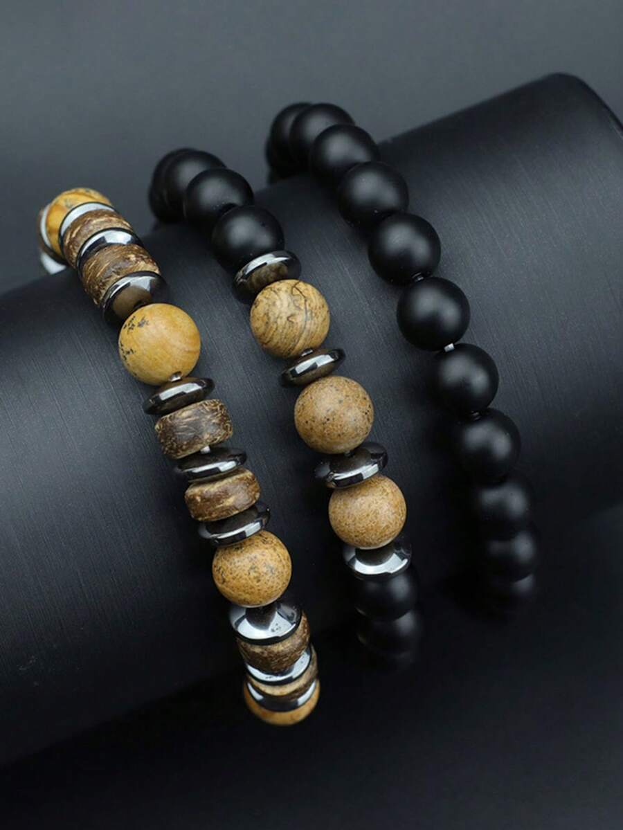 diffone 3 Pcs/Set 8mm Stone Beads Handmade Bracelet Antique Wooden For Men Wristband Jewelry Men - 3-piece Beaded Bracelet Set - View 1
