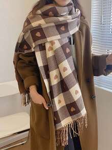 1 buc eșarfă în formă de inimă pentru femei toamnă/iarnă, eșarfă/șal cald în carouri, eșarfă pătură groasă extra mare, potrivită ca și cadou - Multicolor - Vizualizare 7