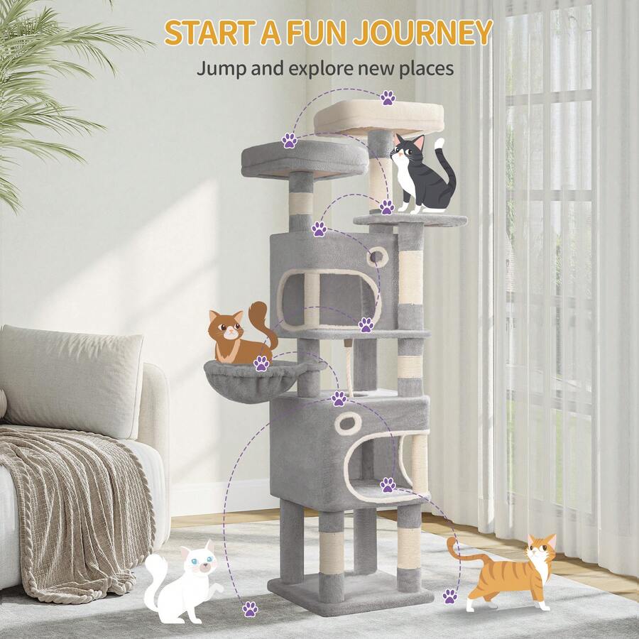 Hzuaneri 159cm Cat Tree For Indoor Cats, Cat Tower, Multi-Level Cats Condo With 8 Scratching Posts, 3 Platforms, 2 Caves, Basket, Sisal Rope, Anti-Tip Kit, Light Grey - Light Grey - View 1