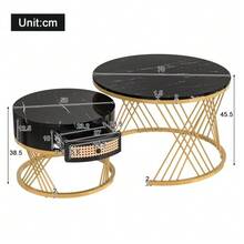 2-In-1 Round Coffee Table Made Of MDF, Side Table With Marble Tabletop And Plastic Rattan Drawers, Solid Wood Handles. Gold Iron Legs. 70 X 70 X 45.5 + 50 X 50 X 38.5 Cm - Black - View 2