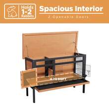 Elevated Wooden Rabbit Hutch, Indoor/Outdoor Bunny Cage With Hinged Asphalt Roof And Removable Tray For Rabbits, Chickens, Ducks, Guinea Pig, Orange - 橘色 - 查看 5