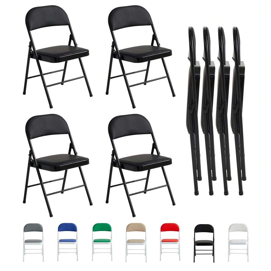 Mcc Direct Folding Chairs, Faux Leather Foldable Chairs With Metal Frame And Padded Seat, Easy To Fold And Store For Home, Office, Dining And Reception (4Pcs) - Black - View 1