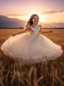 Tween Girl Sleeveless Sequined Bowknot Tulle Maxi Princess Dress, Bridesmaid & Party Gown For Teen & Youth - 金色 - 查看 2