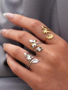 Set de 3 piezas/1 pieza de anillos de acero inoxidable con estilo - Anillo minimalista abierto de 304, accesorio exquisito inspirado en la naturaleza, adecuado para uso diario, fiestas, bodas, regalos de cumpleaños - Multicolor - Ver 1