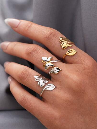 3pcs/1pc Stylish Stainless Steel Ring Set - Minimalist Opening 304 Ring, Exquisite Nature-Inspired Accessory, Suitable For Everyday Wear, Parties, Weddings, Birthday Gifts