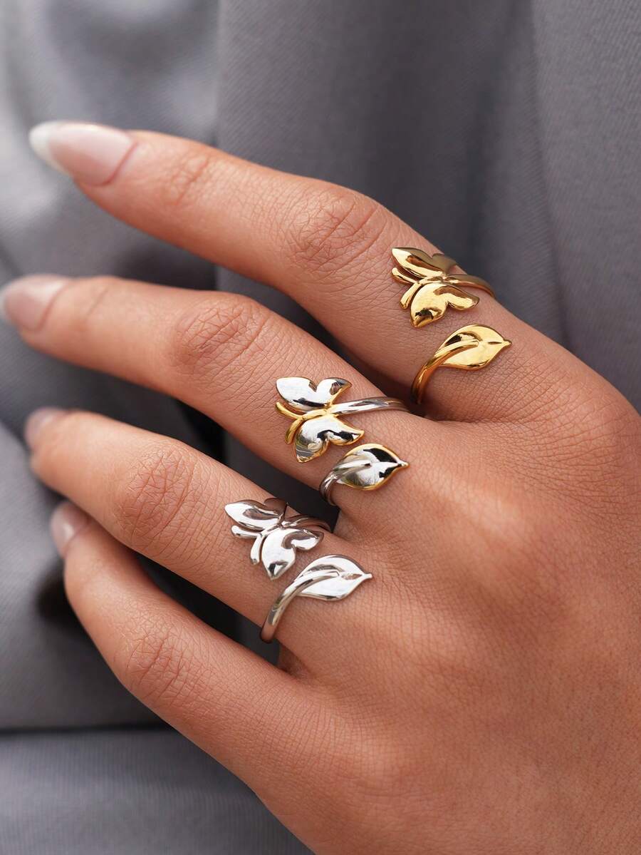 Set de 3 piezas/1 pieza de anillos de acero inoxidable con estilo - Anillo minimalista abierto de 304, accesorio exquisito inspirado en la naturaleza, adecuado para uso diario, fiestas, bodas, regalos de cumpleaños - Multicolor - Ver 1