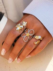 3pcs/1pc Minimalist Floral Open Rings Set, Golden & Silver Tone Flower & Butterfly Design Adjustable Finger Rings, Fashion Jewelry For Women, Suitable For Daily Wear, Stacking, Party & Valentine's Day Gift - Multicolor - View 2