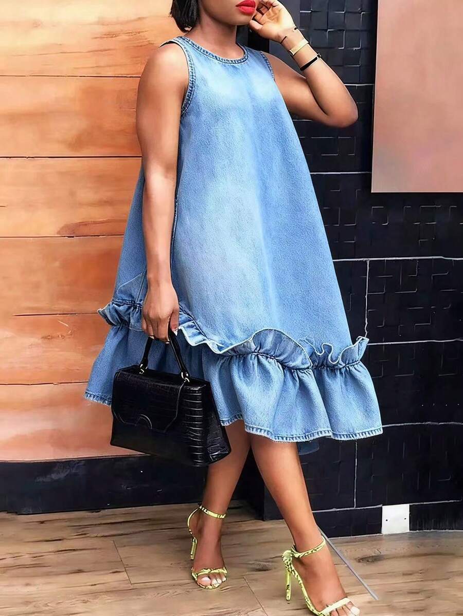 GLOURI Women's Light Blue Denim Midi Dress - Round Neck With Sleeveless & Ruffle Hem Detail | Loose Casual Fit For Daily Outings, Weekend Brunch, Shopping Trips & Vacation Strolls (Comfortable & Effortlessly Stylish) For Chic Everyday Looks - Màu xanh lam - Xem 1