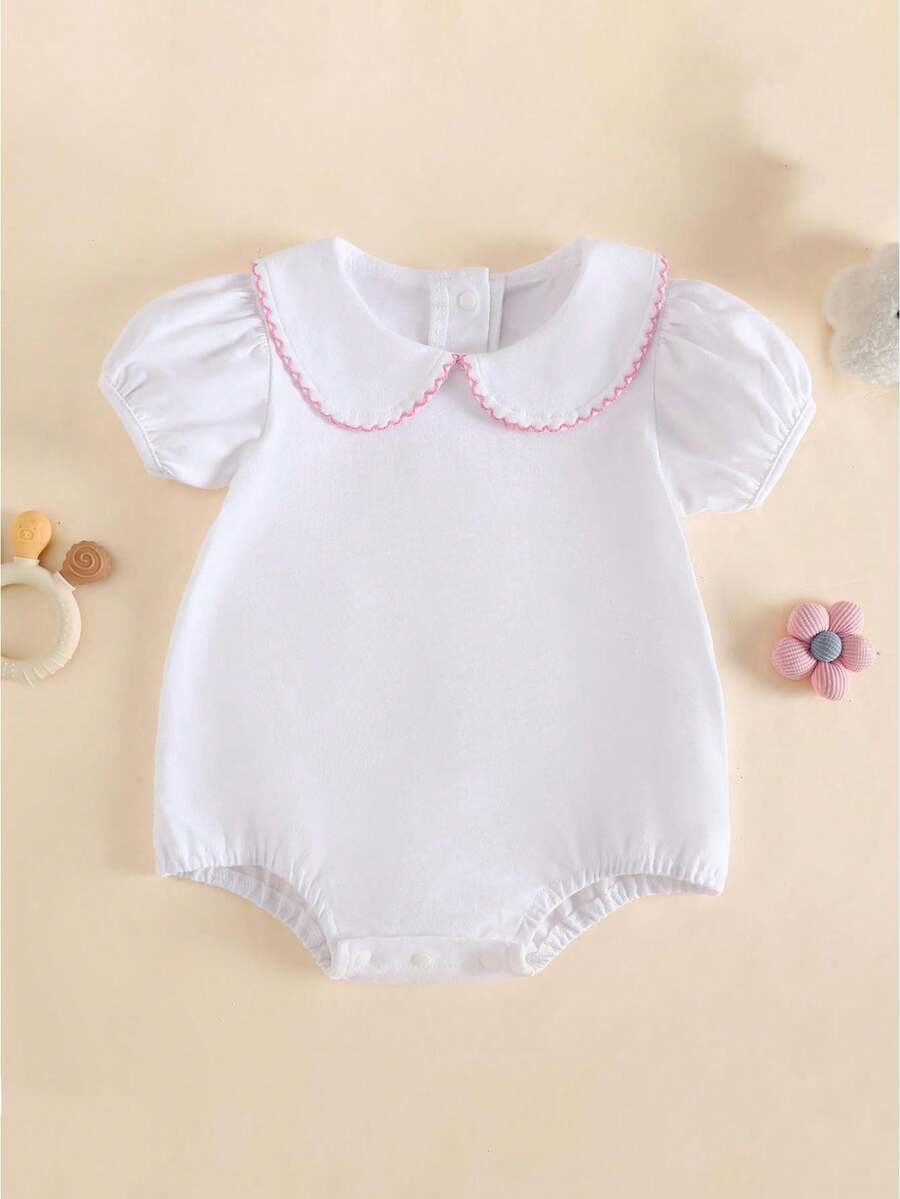 Baby Boy Girl Bubble Romper Infant Short Sleeve Collar Romper Oversize T-Shirt Cotton Bodysuit Top - 白色 - 查看 1