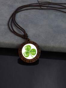 1PC Lucky Clover Pattern Wooden Pendant Necklace, With Dome Glass Inlay And Rope Chain, Suitable For Daily Matching Or Holiday Gifts. - Brown - View 10