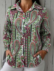 Camisa con botones y estampado, estilo bohemio de manga larga con botones y estampado para vacaciones de primavera, talla grande - Rosa coral - Ver 4