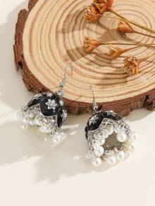 1 Pair Fashionable Earrings, Elegant Bohemian Style Rhinestone Carved Flower Design, Faux Pearl Tassel Drop Jhumki Earrings, Suitable For Women & Girls Daily Wear, Festivals, Weddings And Parties/Jewelry Gift - Classic - View 4