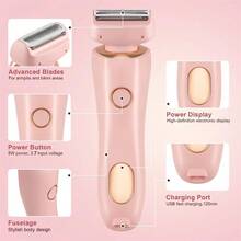二合一女士电动剃须刀，比基尼修剪器，面部剃须刀，腋下及腿部身体修剪器，800mAh - 粉色 - 查看 8