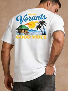 Men's Casual Summer Vacation Style Printed T-Shirt, Coconut Tree & Island Graphic, Suitable For Daily Wear, Unisex - White - View 2
