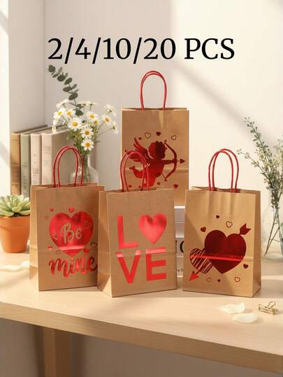 5/10/20pcs Heart-Shaped Foil Stamping Kraft Paper Gift Bags, Packaging Bags, Tote Bags, Wedding Favor Bags, Heart-Shaped Holiday Gift Bags, Heart-Shaped Gift Bags, Cupid Pattern, Party Favor Packaging Supplies, With Handles, Reinforced Bottom - Ideal For Love Themed Gifts, Back To School Gifts, Wedding Favors, Valentine's Day Gifts, Party Favors, Anniversary Surprises, Wedding Decor, Foldable Shopping Bags And Party Bags, Gifts For Him/Her, Men's Gifts, Women's Gifts