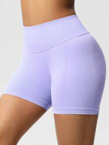 女士高腰无缝瑜伽短裤 - 弹力提臀，适合跑步、健身和户外活动 | 时尚外观 | 夏季弹力面料 - 淡紫色 - 查看 10