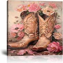 Floral Cowgirl Boots Wall Art Cowboy Canvas Wall Decor Flower Paintings  Preppy Western Aesthetic Prints Pictures For Girls Bedroom - White - 查看 2
