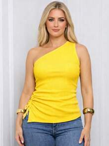 Women's Draped Blouse, Asymmetrical, One Shoulder, Ribbed Knit, Cotton, Double Lining, Elegant, Casual - màu đen - Xem 5