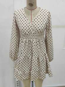 Women Long-Sleeved Wrap-Neck Patterned Mini Modal Dress , 31626 - Beige - View 3