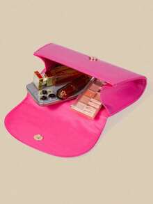 Classic Fuchsia PU Leather Handbag, Suitable For Evening Dress, Portable Cosmetic Bag, Wallet, Detachable Metal Shoulder Strap, For Party, Wedding, Events - Hot Pink - View 8
