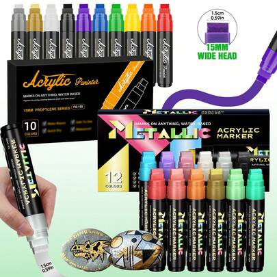 22 Colors Broad Tip Markers, (1.5cm/0.59in) Broad Acrylic Paint Markers - 10 Vibrant Colors & 12 Metallic Sheen Colors (Solid Color Option Available) | High Coverage, Large Ink Capacity And Layerable Coloring For Bold Doodles And Artwork