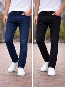 Men's Traditional Straight Cut Jeans Kit With Comfortable Elastane - Xanh đậm/Đen - Xem 1