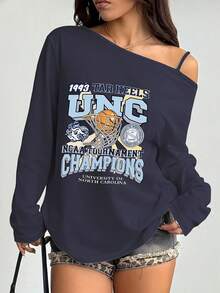 Off - The - Shoulder Black Long - Sleeve Top With 1993 TAR HEELS Graphic, UNC Blue Letters, Basketball Hoop Image, Carolina Panther Paw Logo,  Tournament Champions Badge, University Of North Carolina Print, Perfect For Sports Fans - Màu xanh hải quân - Xem 1